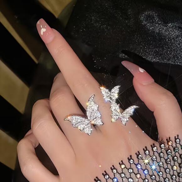 Sparkly Crystal Butterfly Statement Piece Ring – Adjustable Open Band - Picture 1 of 4